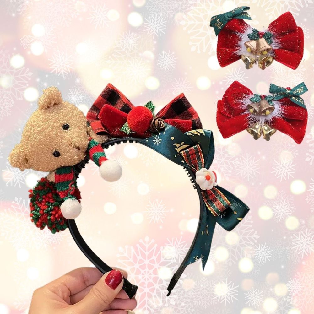 聖誕節小熊玩偶髮箍及Jingle Bells絲絨蝴蝶結對夾-3件一組-黑色髮箍