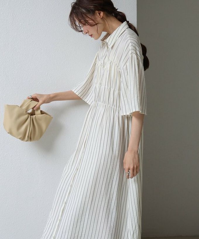 日本 Bab - 時尚抓皺襯衫式五分袖洋裝-條紋-藍