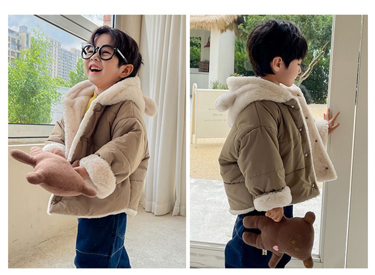 加絨加厚造型連帽鋪棉外套-毛茸茸熊熊-粉色