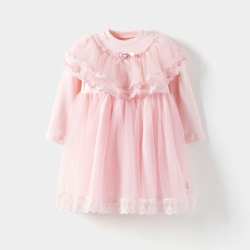 浪漫層次蕾絲網紗長袖公主洋裝-櫻花粉