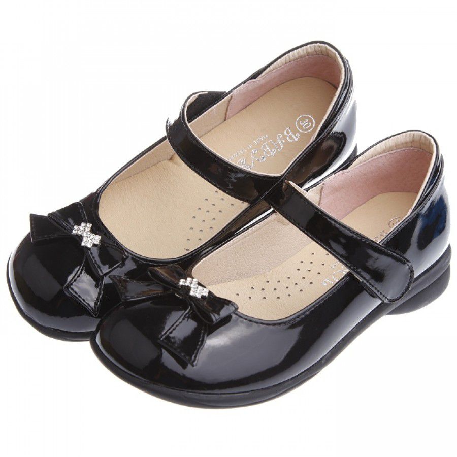 典雅淑女風格蝴蝶結鑽飾亮黑色公主鞋