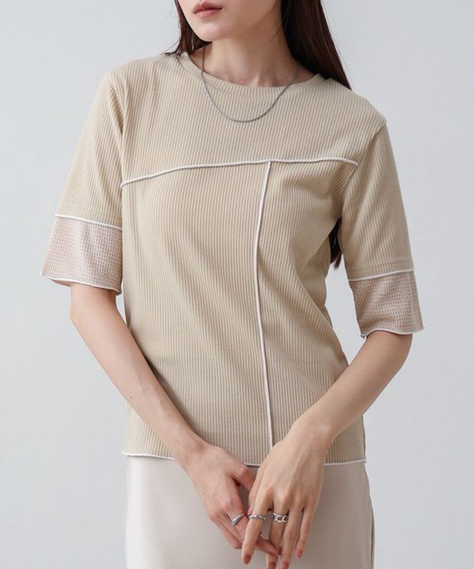 日本 Bab - 柔美線條羅紋異材質短袖上衣-淺黃 (M)