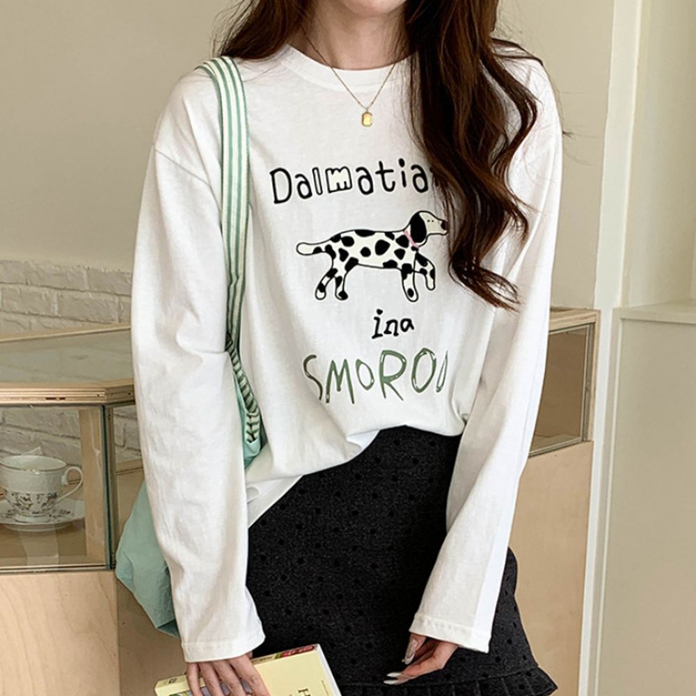 童趣斑點狗狗印花長袖上衣-白 (F)