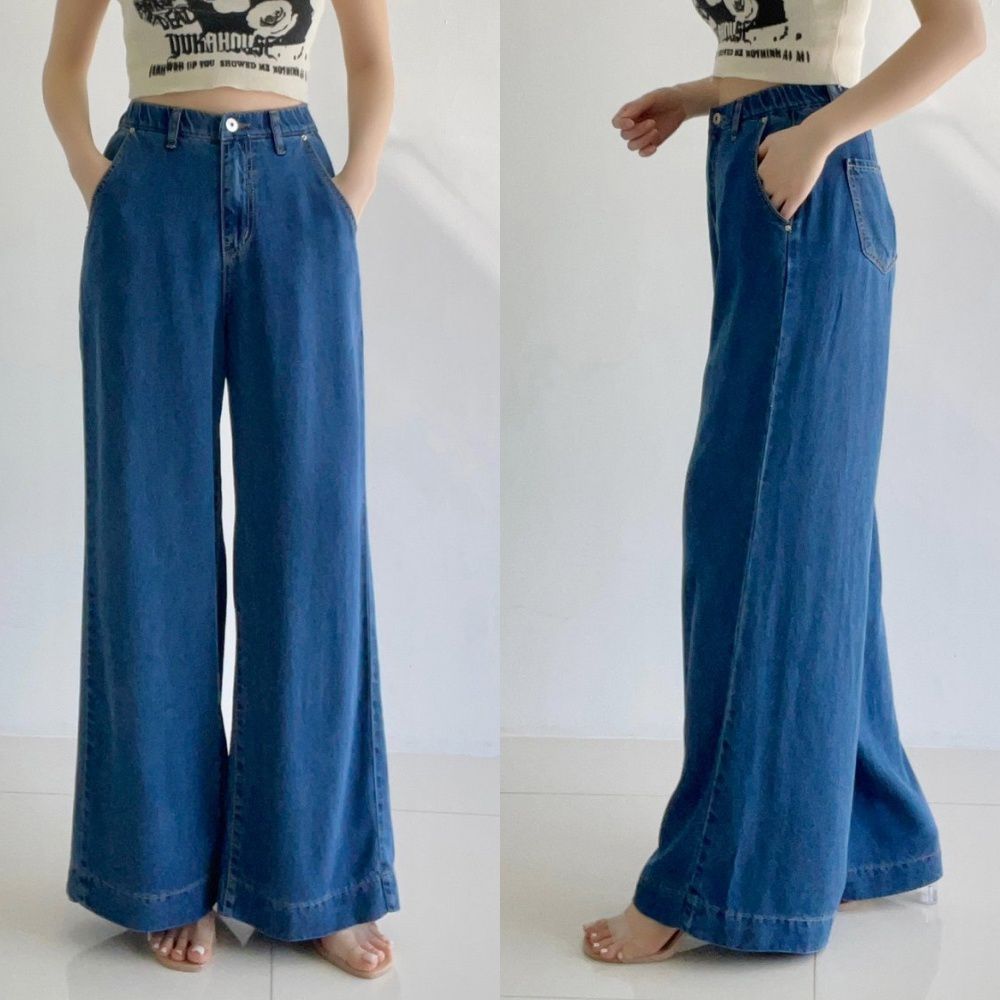 Howluk 鬆緊腰100%天絲柔軟寬鬆落地褲-深藍