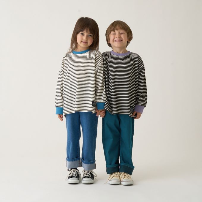 日本 b-ROOM - 不易變形定番條紋長袖上衣-卡其x深藍