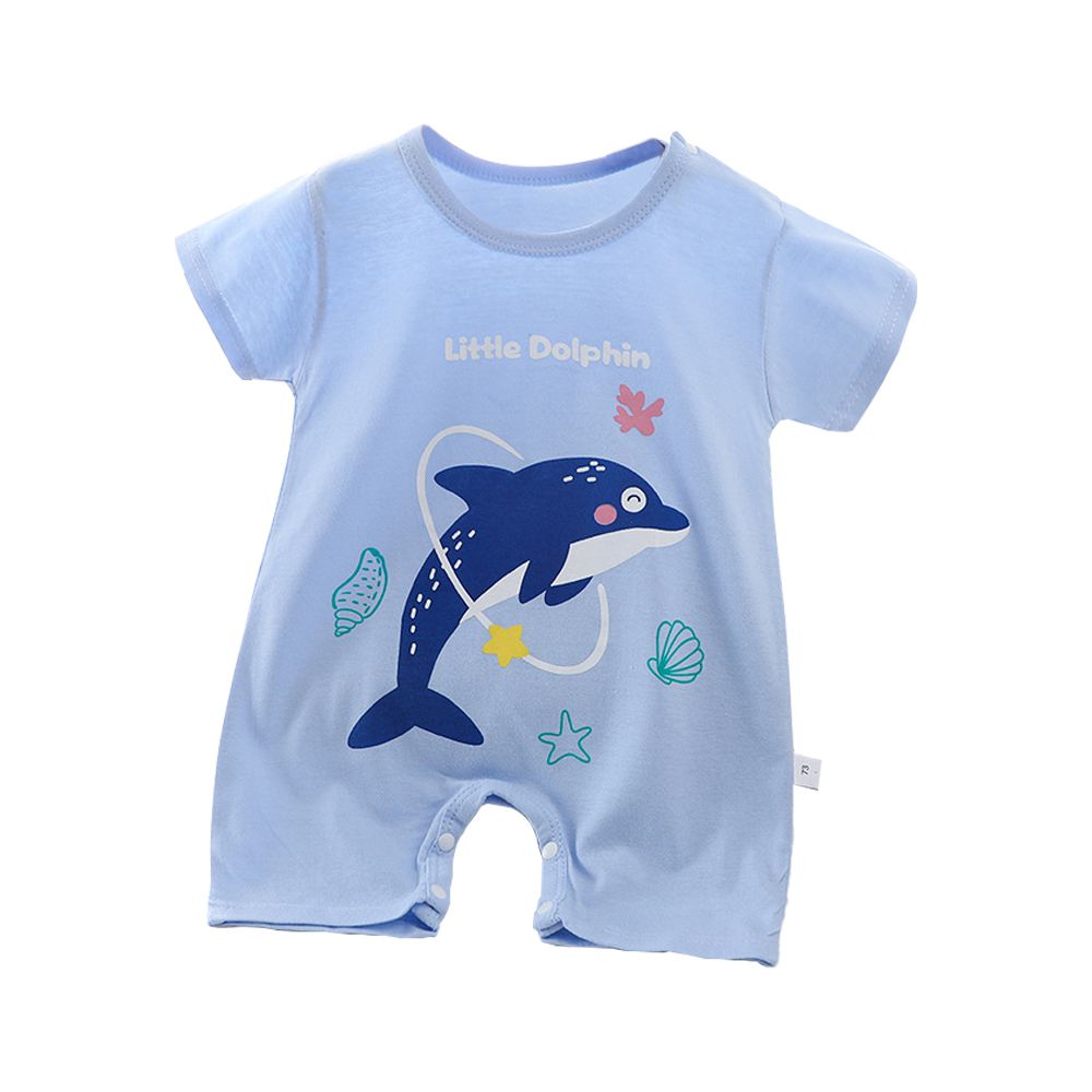短袖包屁衣 薄款夏季連身衣 嬰兒服 短袖童裝 外出包屁衣-淺藍海豚