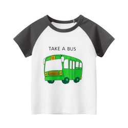 27KIDS - 純棉短袖上衣-巴士-米白/深灰