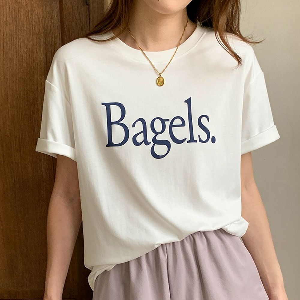 寬鬆落肩短袖上衣-Bagels.-白 (F)