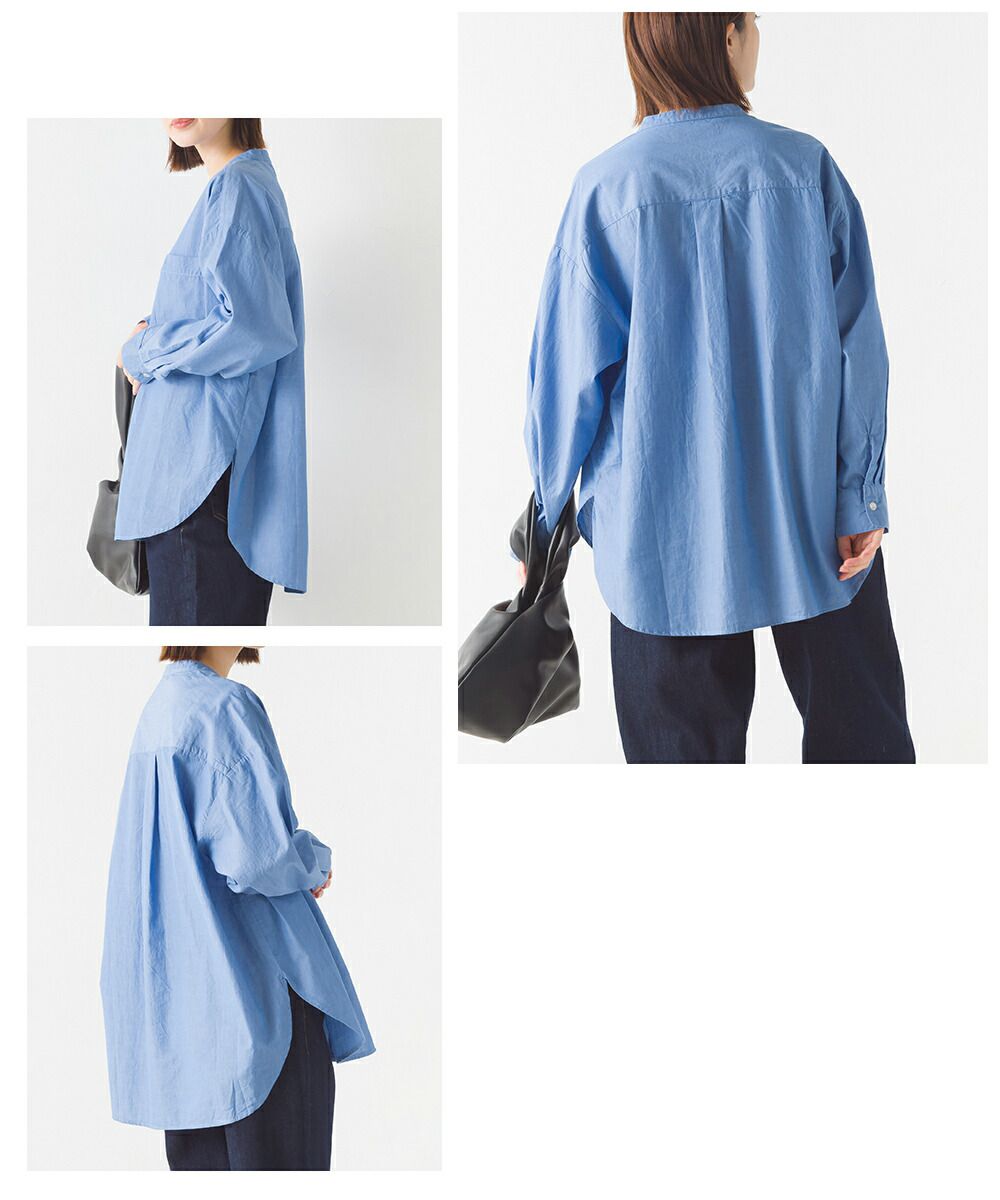 日本 OMNES - 100%棉 厚磅小立領長袖襯衫-條紋-藍白-1435