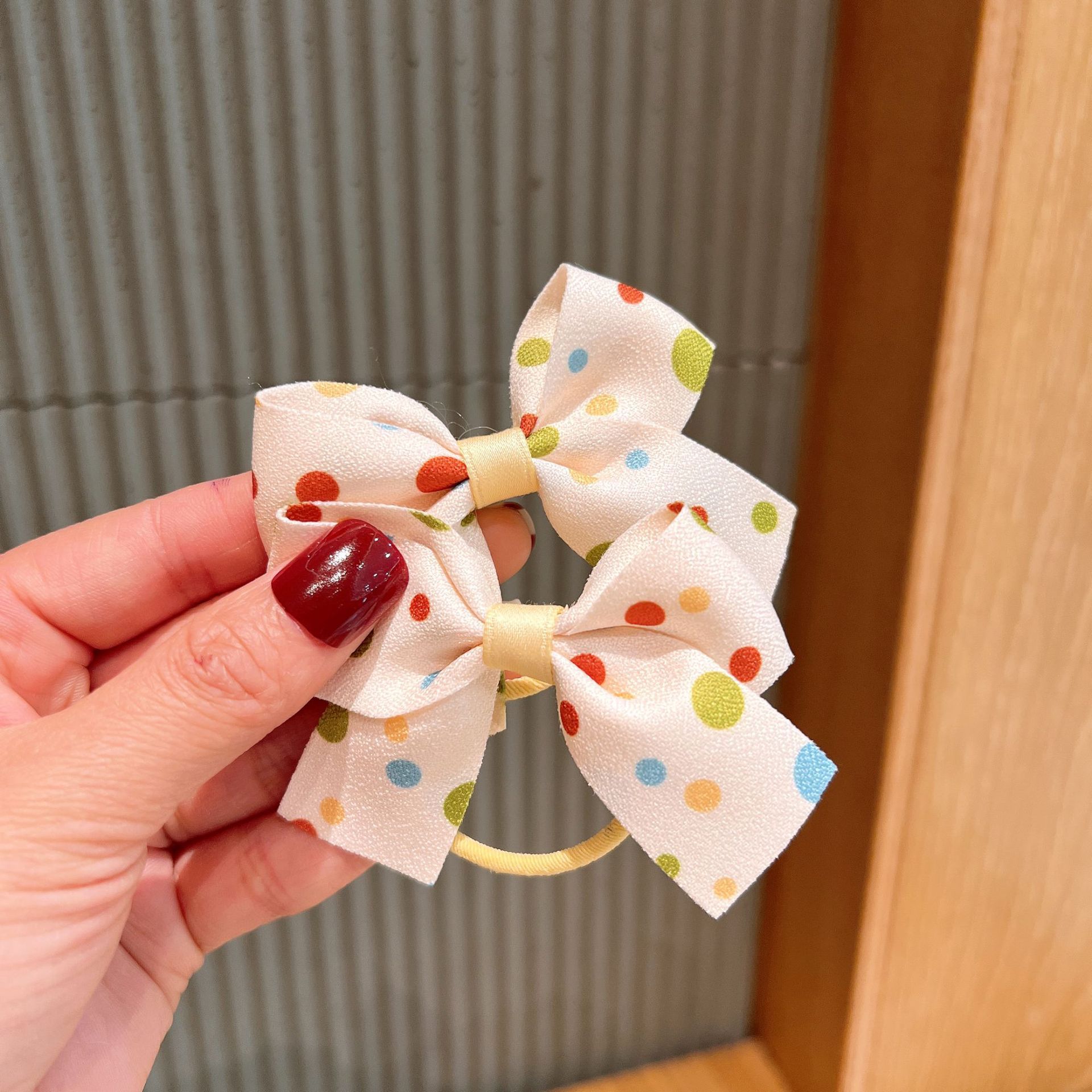 小清新布藝蝴蝶結圓點髮夾-拼色款-米白+黃