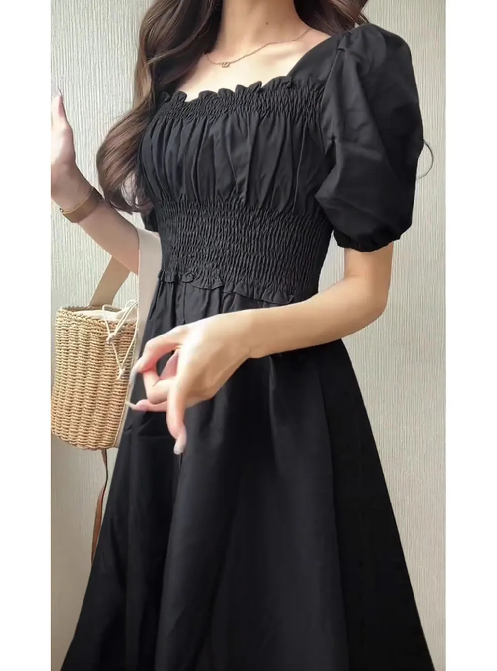 日本 GRL - 優雅公主方領泡泡袖洋裝-星塵藍 (M)