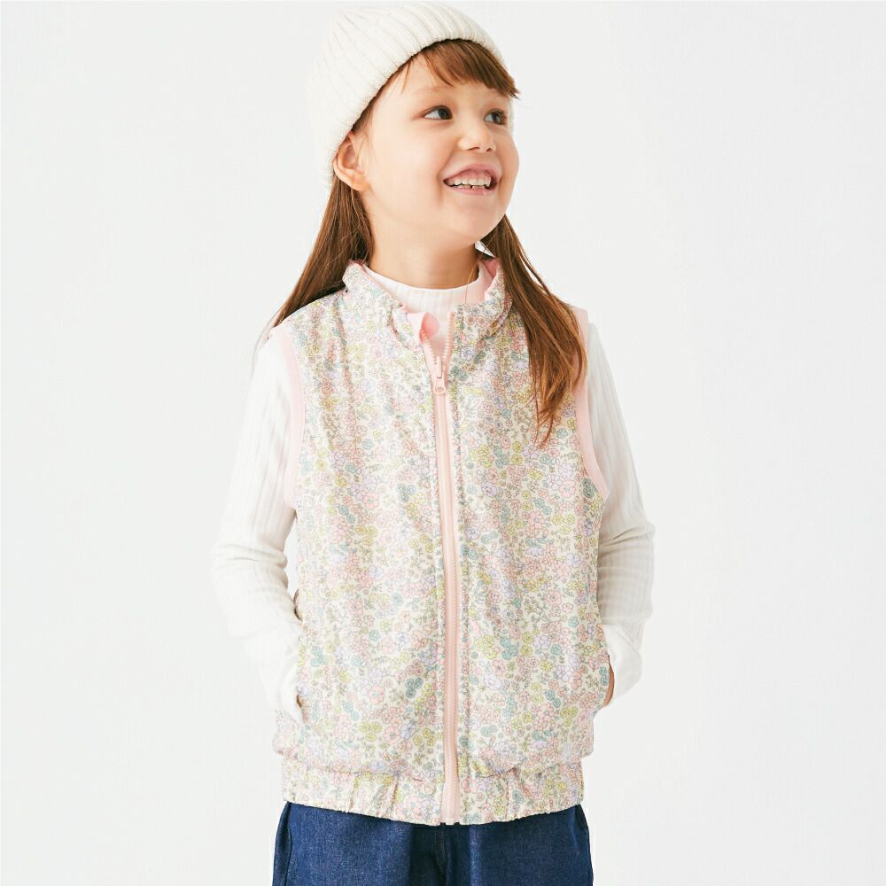 日本 evercloset - 雙面毛絨可愛花保暖背心-粉紅x米黃花