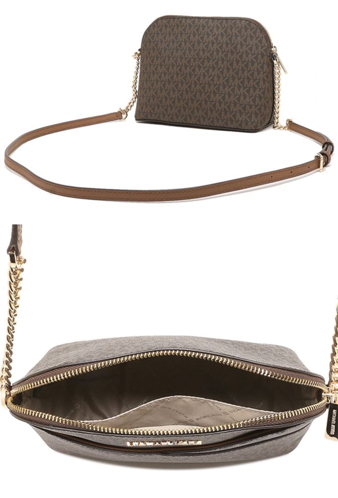 MICHAEL KORS - 滿版LOGO拼接皮革斜背包 (咖啡)