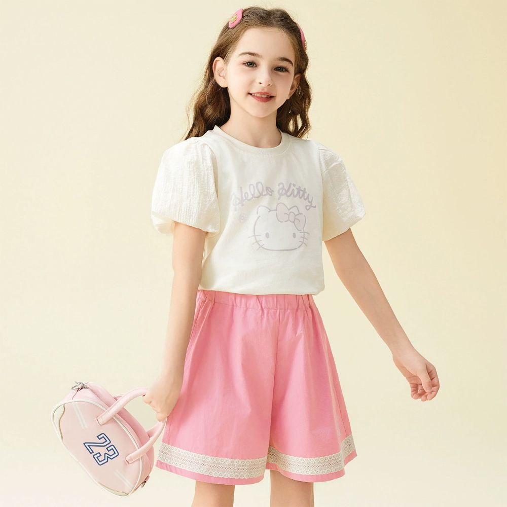 甜美泡泡短袖上衣+花邊短褲套裝-卡通人物Hello Kitty-米杏