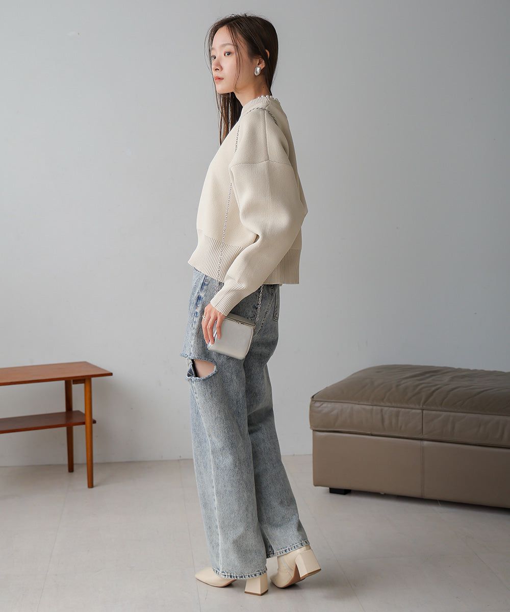 日本 Bab - 低糖珍珠領長袖針織上衣-米