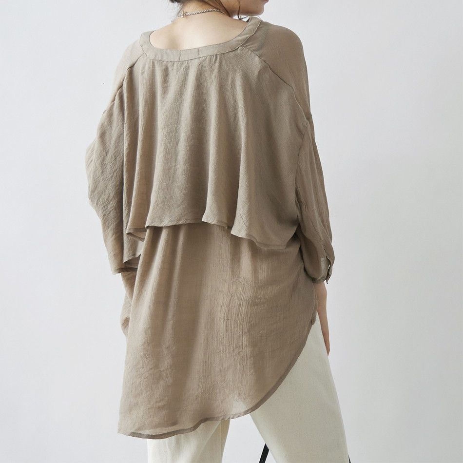 日本 Rejoule - 嫘縈混層次微透膚薄外套/襯衫-奶油杏