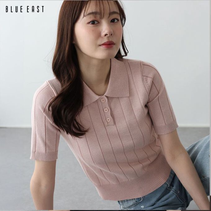 日本 BLUE EAST - 都會氣息寬羅紋針織短袖polo衫-煙燻藍