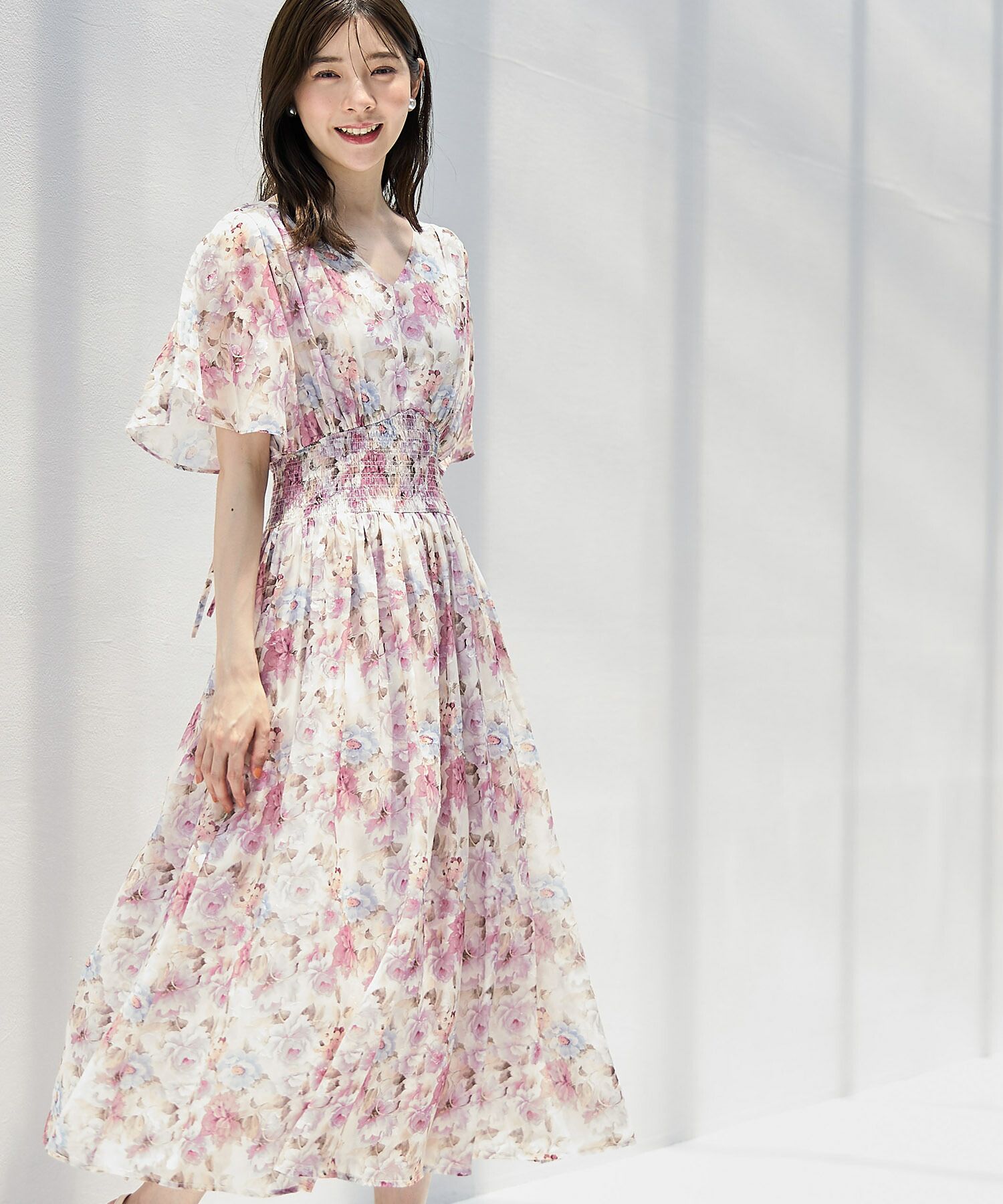 日本 tocco-closet - 後綁帶浪漫暈染碎花雪紡洋裝-水藍