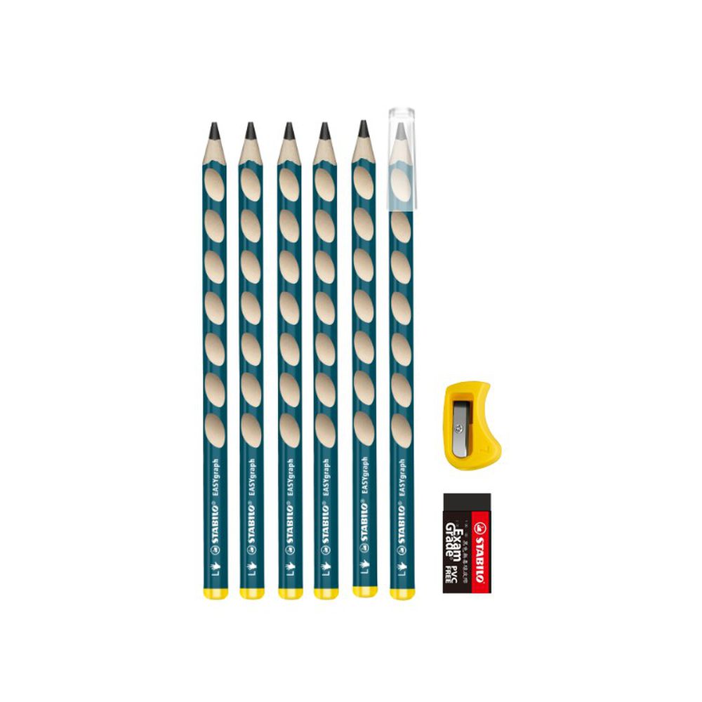 STABILO思筆樂 - EASYgraph 思筆樂洞洞鉛筆 左手HB 6入 超值組 【贈筆蓋+橡皮擦+削筆器】-藍綠色