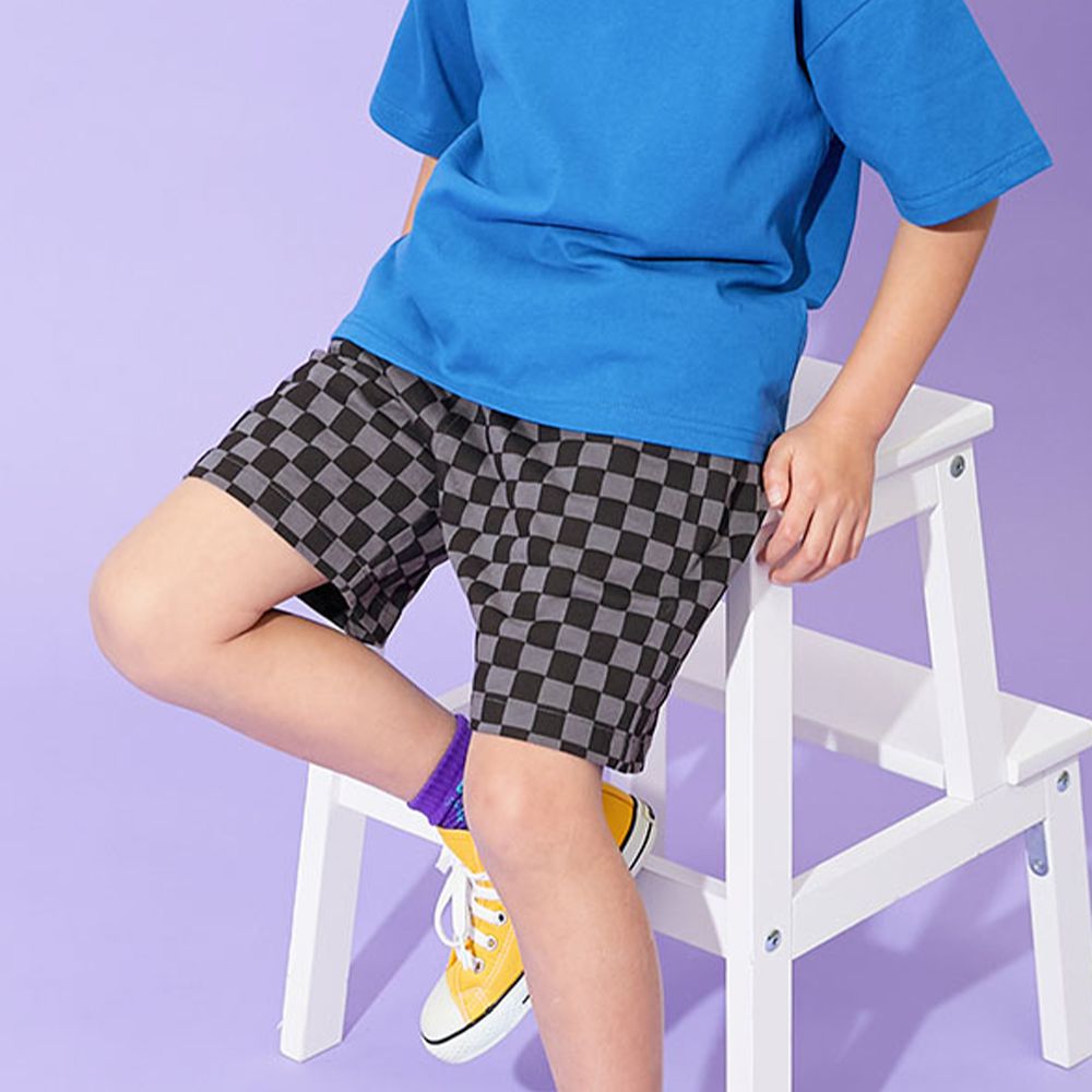 夏日印花純棉寬版短褲-小棋盤格-炭灰