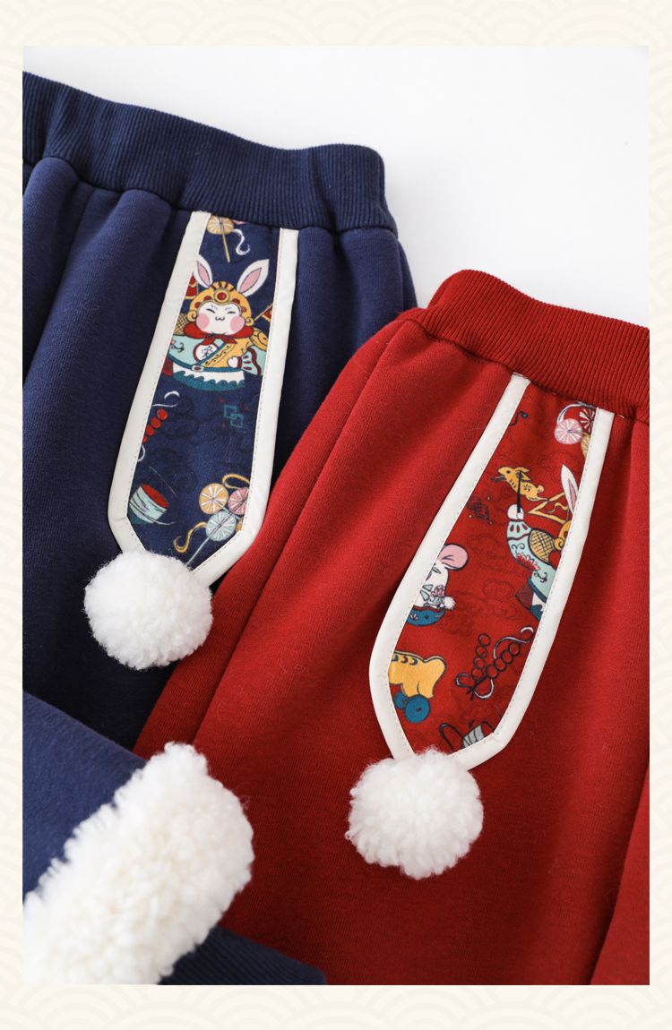 TONGMO - 漢服風加絨喜氣拜年休閒長褲-錦旗兔兔-紅色