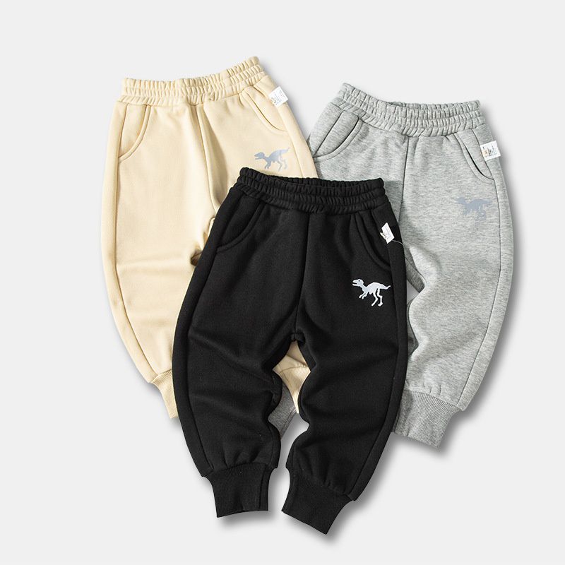 加絨腰鬆緊束口休閒長褲-灰色小恐龍-杏色