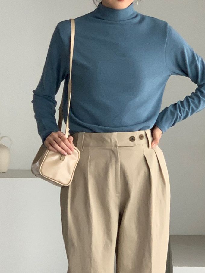 韓國女裝連線 - 百搭中領混羊毛長袖上衣-霧藍 (FREE)