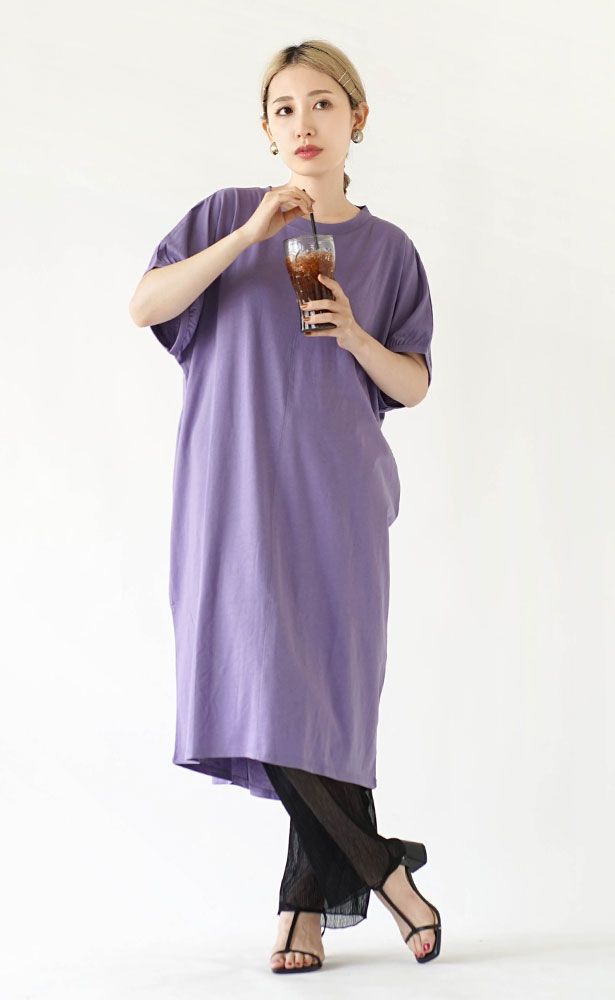 日本 zootie - 涼感機能 圓領泡泡五分袖洋裝-粉紫