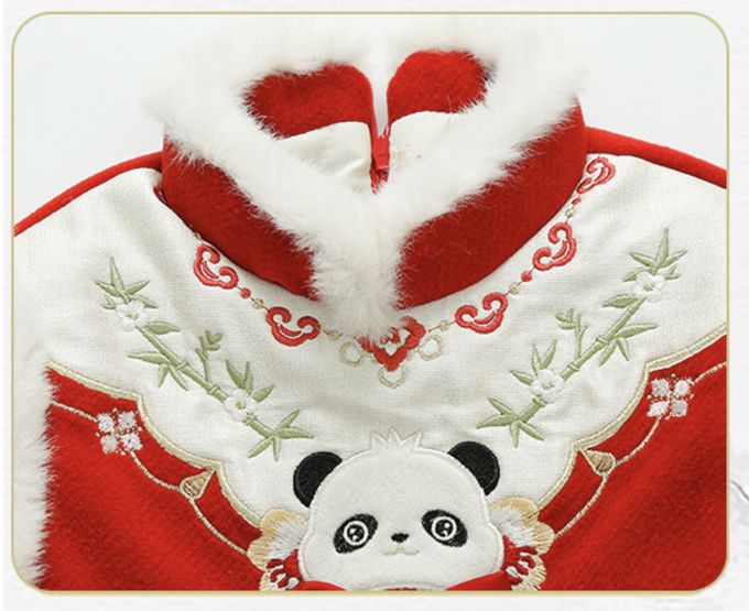 love, charlotte - 旗袍領可愛熊貓圖騰馬面裙拜年套裝-加厚鋪棉上衣