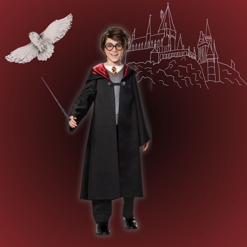 魔法學院褲裝套裝-萬聖節造型服-上衣+褲子+連帽披風+眼鏡(贈送魔法棒)