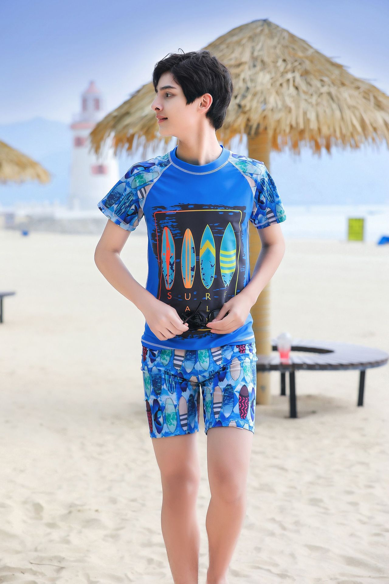 大童男孩短袖泳衣套裝(二件組)-衝浪板-藍色-泳衣、泳褲