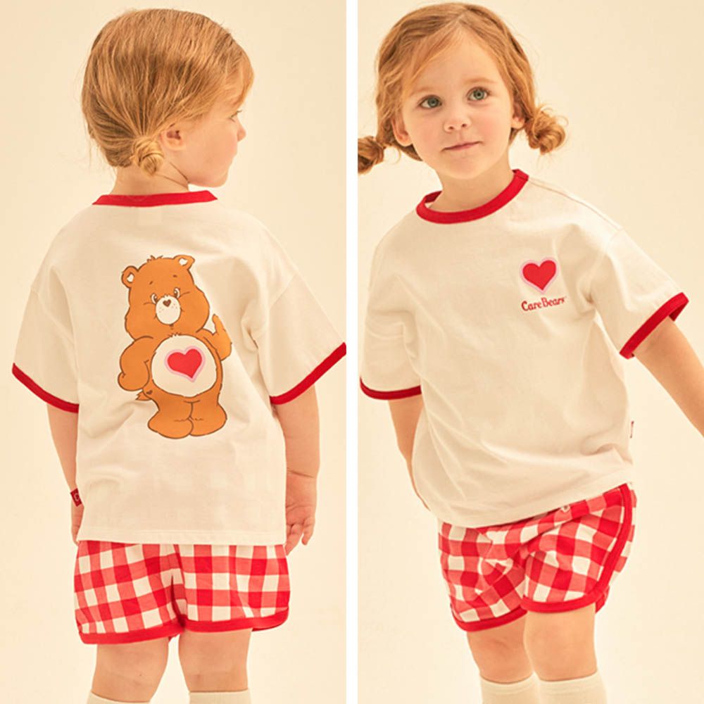 聯名款愛心熊格紋短袖套裝-紅