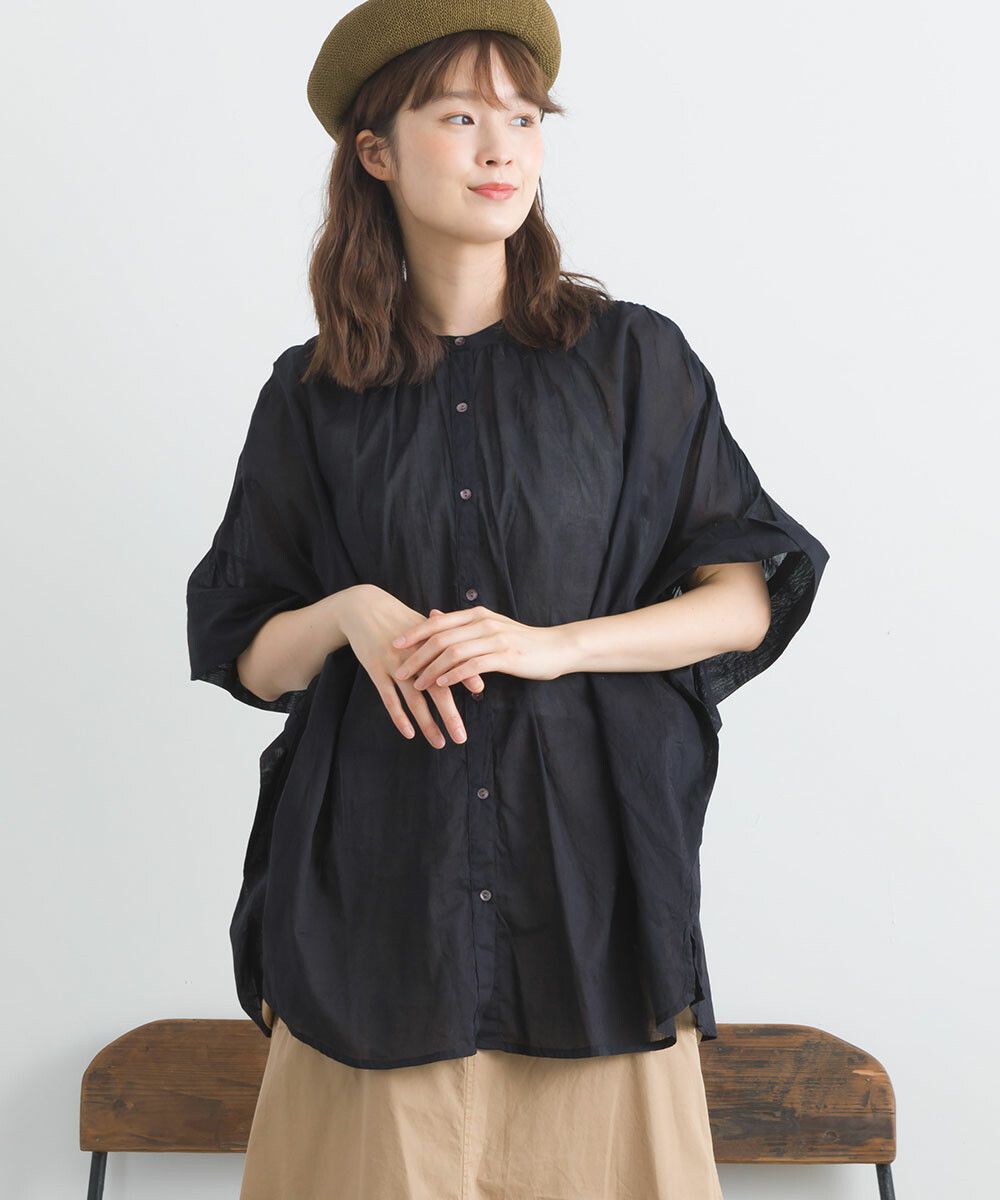 日本女裝代購 - 100%印度棉 質感百搭落肩短袖襯衫-經典黑