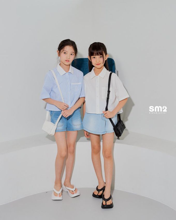 韓國 sm2 - 單口袋短版翻領襯衫-直紋-藍