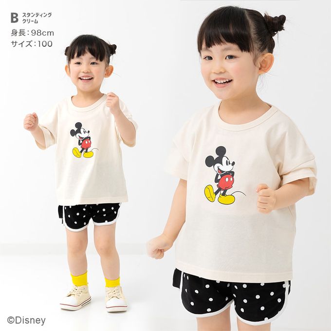 日本 Chil2 - 聯名款  卡通人物米奇純棉短袖上衣-雙手叉腰-奶油杏