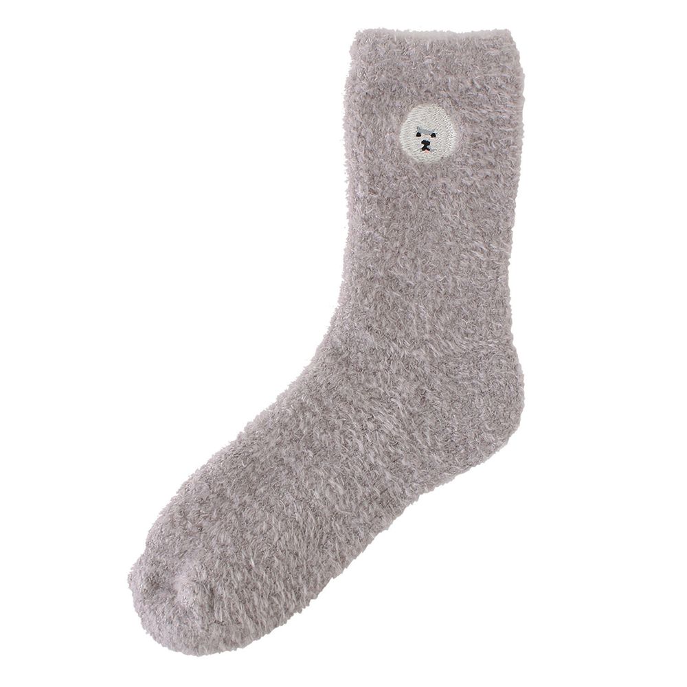 日本 TOMO - 可愛動物刺繡毛絨保暖襪-比熊犬-灰 (22-25cm)
