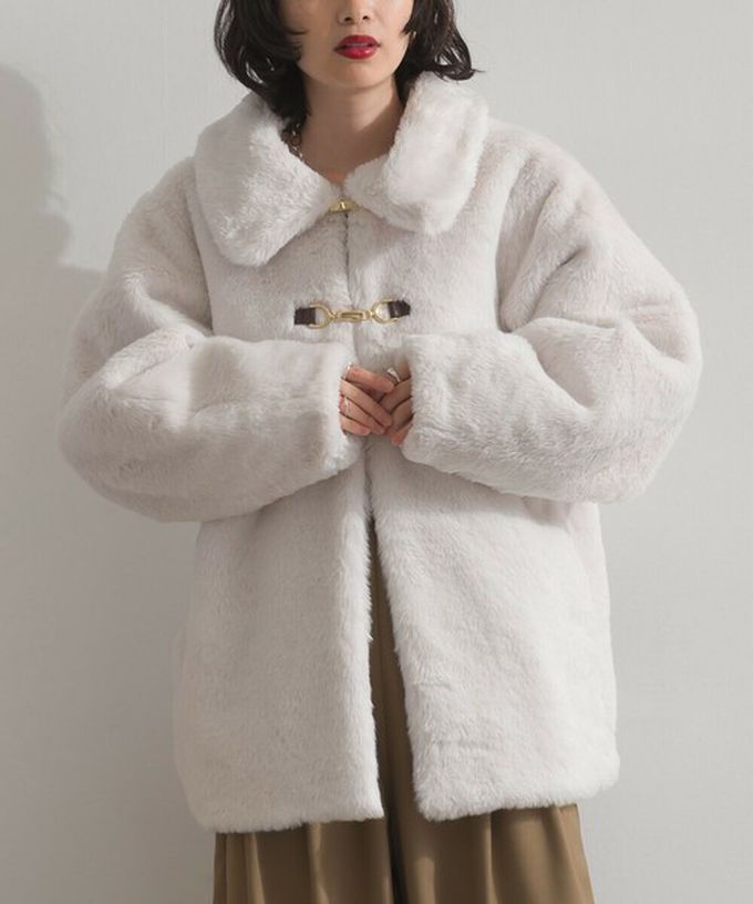 日本 ELENCARE DUE - 魅力金扣柔軟蓬鬆仿毛翻領大衣外套-摩卡棕