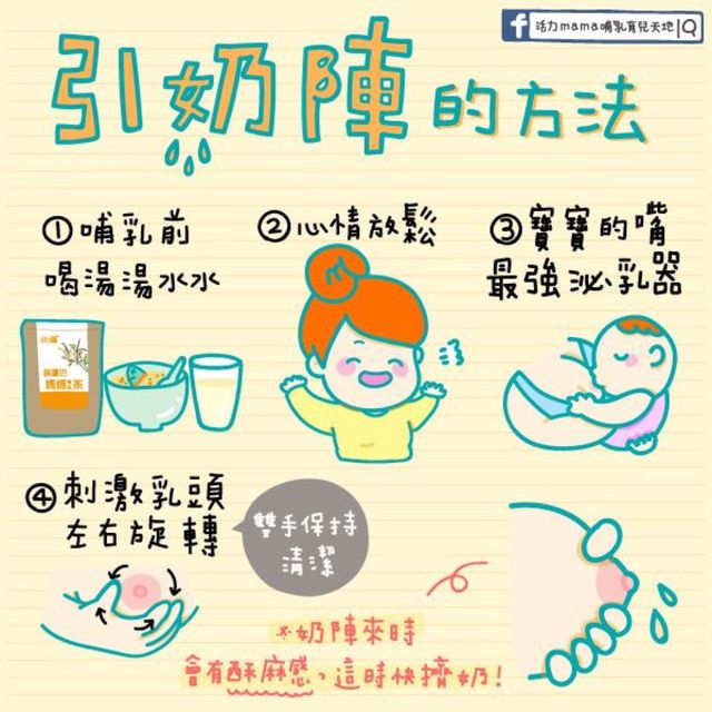 我會在擠奶前半小時多喝溫開水或是葫蘆巴發奶茶，然後擠奶前先輕輕搓揉拉乳頭，奶陣很快就會來了，這張引奶陣方法也可以試看看！