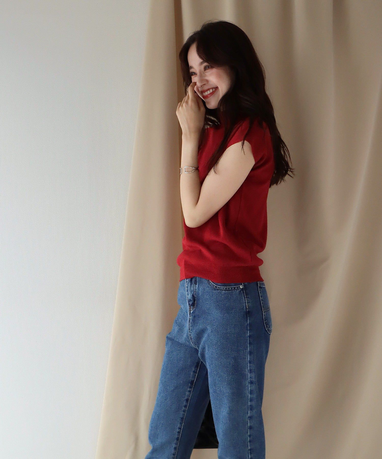 日本 BLUE EAST - 小立領法式袖薄針織上衣-橄欖綠