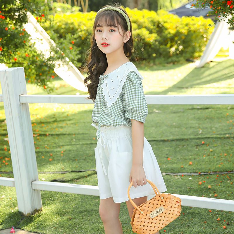 娃娃領短袖套裝-格紋上衣+花苞短褲-黑+白