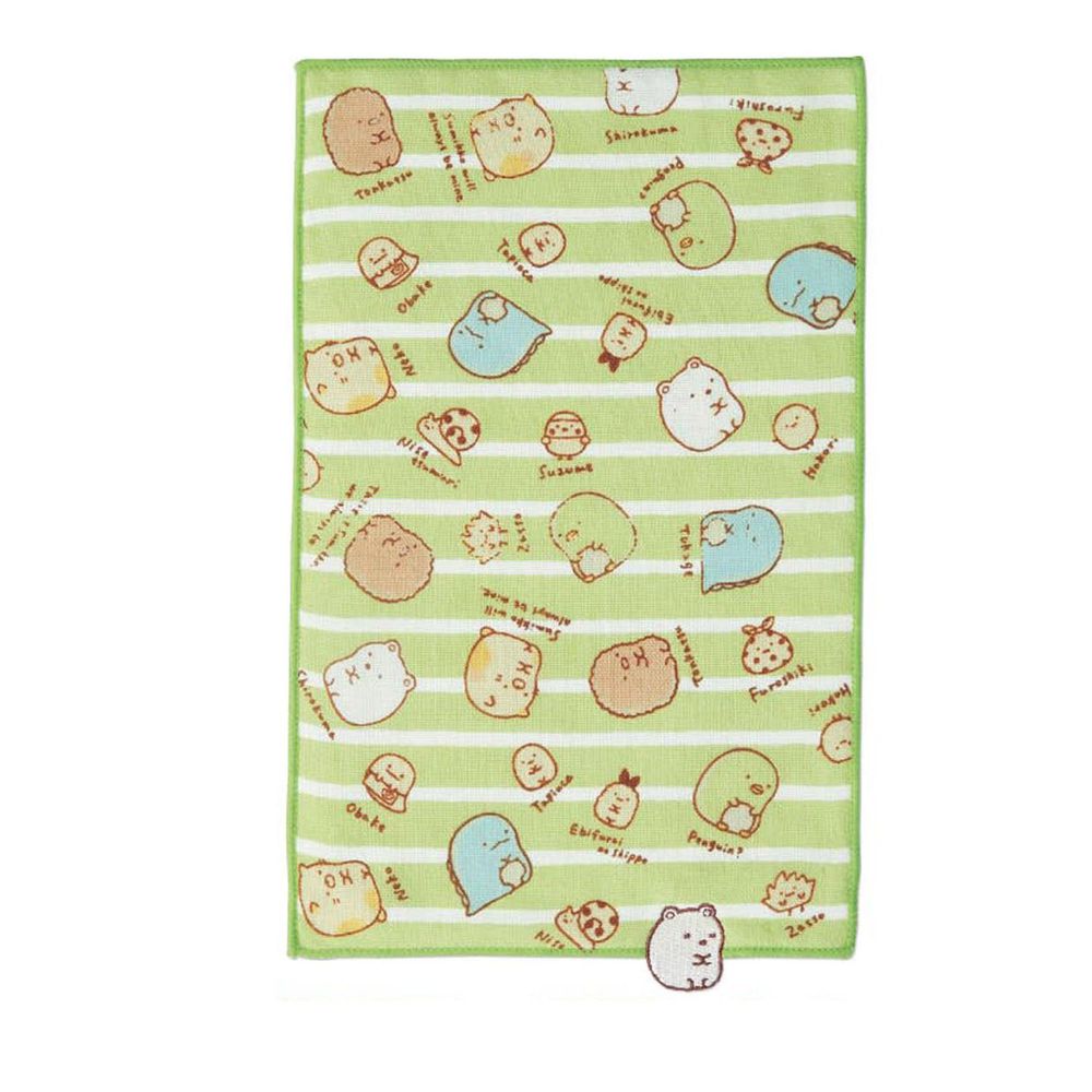 日本千趣會 - 角落生物 質感雙材質毛巾手帕-大集合-綠條紋 (15x24cm)
