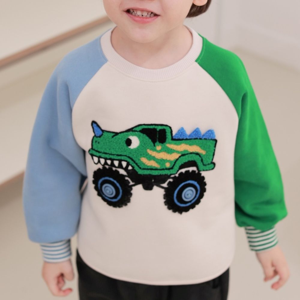 Coco rabbit (內磨毛)撞色長袖大學T-毛絨恐龍車車-天藍X綠