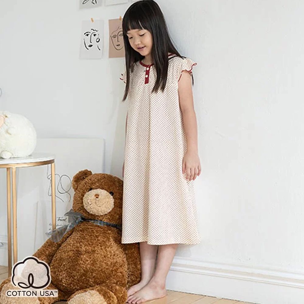 Annypepe - 女童純棉菱格紅點短袖居家睡衣洋裝-米 (120-150cm)