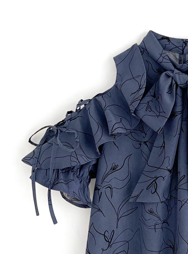 日本 GRL - 氣質碎花挖肩雪紡短袖上衣-深藍 (F)