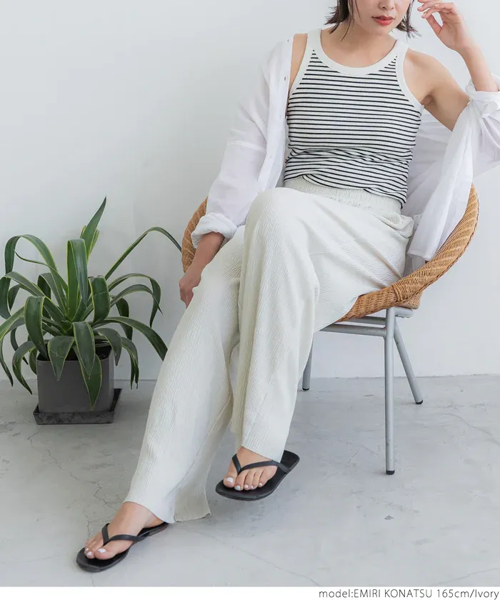 日本 COCA - [可剪裁] 楊柳細褶百搭長褲-淺藍