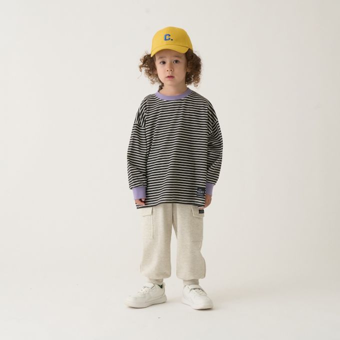 日本 b-ROOM - 不易變形定番條紋長袖上衣-卡其x深藍