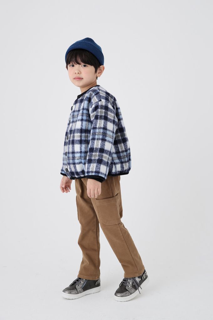 韓國 Coco Bang - 格紋毛呢感無領鈕扣外套-棕X深藍