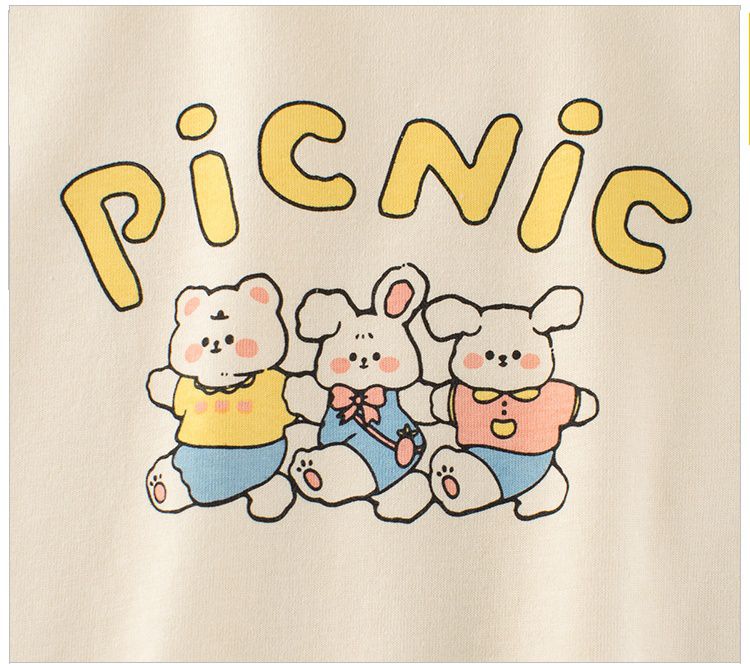 純棉圓領薄長袖上衣-動物好朋友-杏+黃