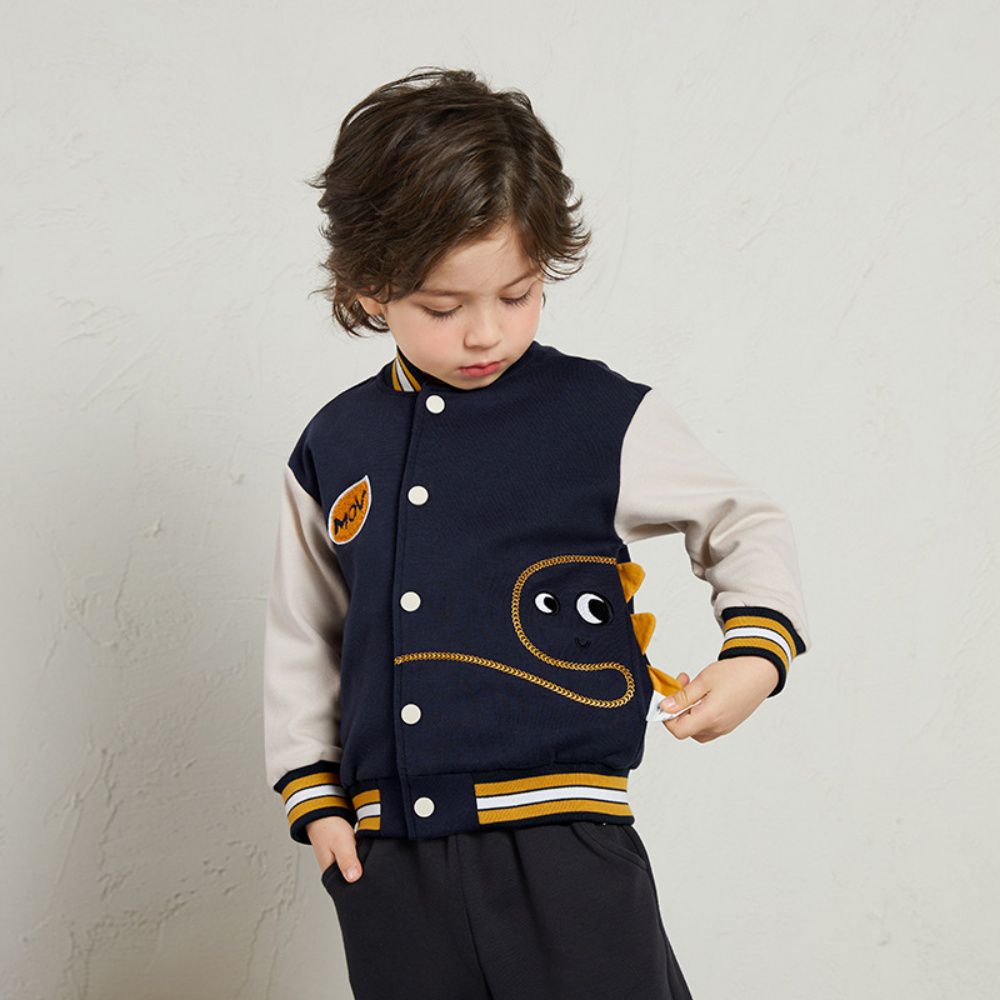 童趣拼色棒球外套-偷看恐龍-藍+杏