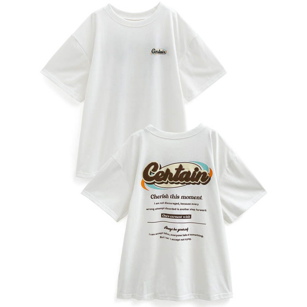 背後英文普普風刺繡標語長版T恤-白 (F)